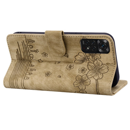 Cartoon Sakura Cat Embossed Leather Phone Case, For Xiaomi Redmi Note 11 Pro 4G / 5G, For Xiaomi Poco M4 Pro 4G Global, For Xiaomi Poco M4 Pro 5G Global, For Xiaomi Mi 11 Lite 4G / 5G
