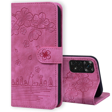 Cartoon Sakura Cat Embossed Leather Phone Case, For Xiaomi Redmi Note 11 Pro 4G / 5G, For Xiaomi Poco M4 Pro 4G Global, For Xiaomi Poco M4 Pro 5G Global, For Xiaomi Mi 11 Lite 4G / 5G