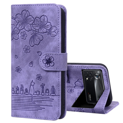 Cartoon Sakura Cat Embossed Leather Phone Case, For Xiaomi Redmi Note 11 Pro 4G / 5G, For Xiaomi Poco M4 Pro 4G Global, For Xiaomi Poco M4 Pro 5G Global, For Xiaomi Mi 11 Lite 4G / 5G