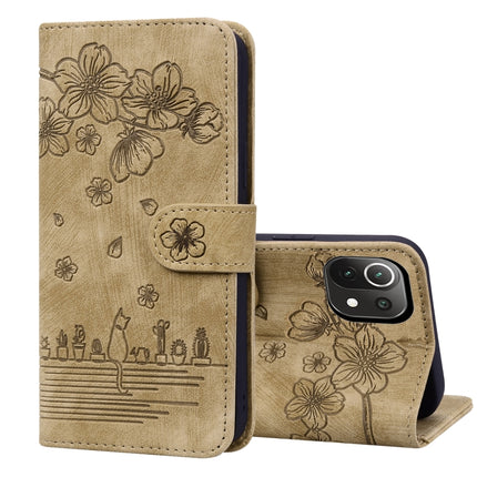 Cartoon Sakura Cat Embossed Leather Phone Case, For Xiaomi Redmi Note 11 Pro 4G / 5G, For Xiaomi Poco M4 Pro 4G Global, For Xiaomi Poco M4 Pro 5G Global, For Xiaomi Mi 11 Lite 4G / 5G