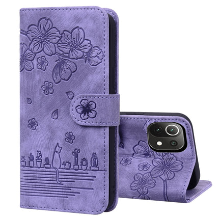 Cartoon Sakura Cat Embossed Leather Phone Case, For Xiaomi Redmi Note 11 Pro 4G / 5G, For Xiaomi Poco M4 Pro 4G Global, For Xiaomi Poco M4 Pro 5G Global, For Xiaomi Mi 11 Lite 4G / 5G