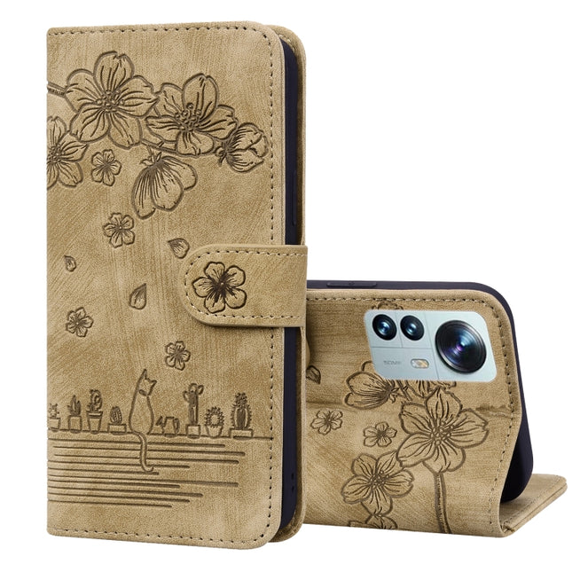 Cartoon Sakura Cat Embossed Leather Phone Case, For Xiaomi 12 Pro / 12S Pro, For Xiaomi 12 / 12S / 12X, For Xiaomi Redmi Note 11 / Note 11S Global