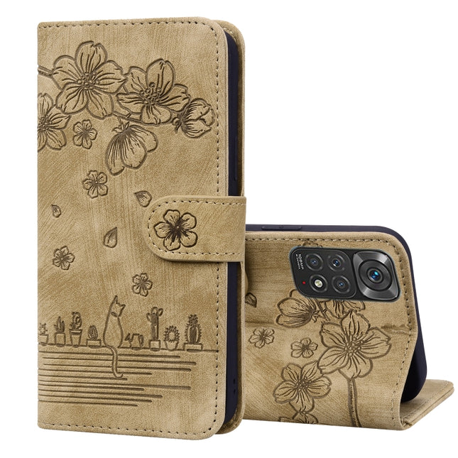 Cartoon Sakura Cat Embossed Leather Phone Case, For Xiaomi 12 Pro / 12S Pro, For Xiaomi 12 / 12S / 12X, For Xiaomi Redmi Note 11 / Note 11S Global