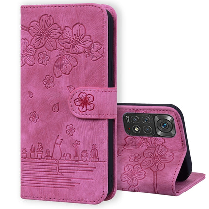 Cartoon Sakura Cat Embossed Leather Phone Case, For Xiaomi 12 Pro / 12S Pro, For Xiaomi 12 / 12S / 12X, For Xiaomi Redmi Note 11 / Note 11S Global