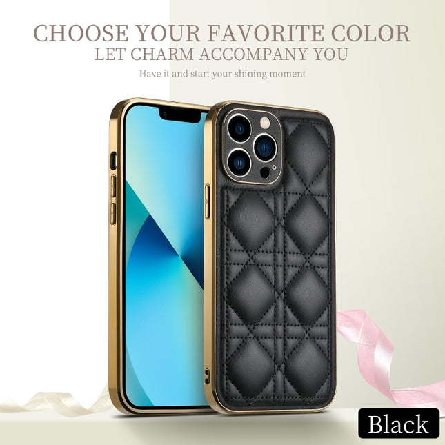 D03 Grid PU Leather Electroplated Phone Case, For iPhone 13, For iPhone 13 Pro, For iPhone 13 Pro Max