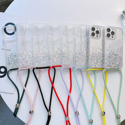 Lanyard Glitter Epoxy Clear Phone Case, For iPhone 14, For iPhone 14 Plus, For iPhone 14 Pro, For iPhone 14 Pro Max