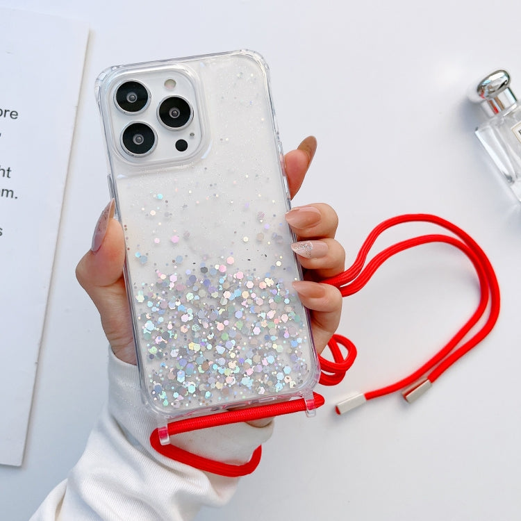 Lanyard Glitter Epoxy Clear Phone Case, For iPhone 14, For iPhone 14 Plus, For iPhone 14 Pro