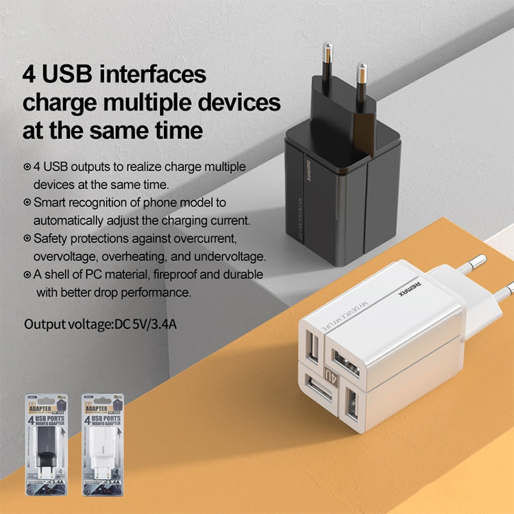 REMAX RP-U43 3.4A 4 USB Port Fast Charger, EU Plug, UK Plug