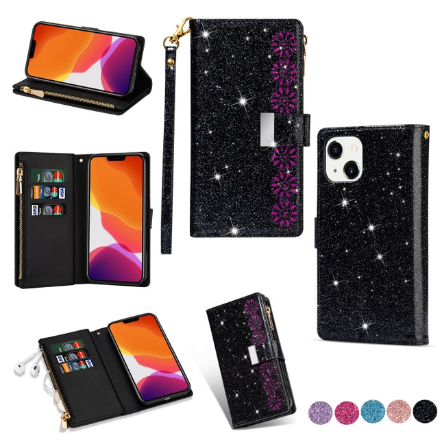 Multi-card Slots Laser Carving Glitter Zipper Leather Case, For iPhone 14, For iPhone 14 Max, For iPhone 14 Pro, For iPhone 14 Pro Max