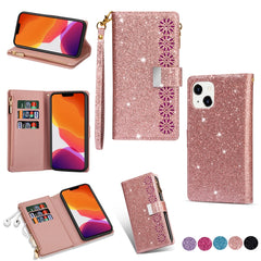 Multi-card Slots Laser Carving Glitter Zipper Leather Case, For iPhone 14, For iPhone 14 Max, For iPhone 14 Pro, For iPhone 14 Pro Max, For Samsung Galaxy Z Fold 4