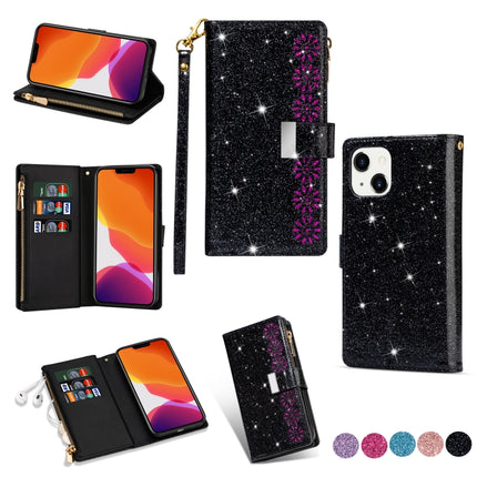 Multi-card Slots Laser Carving Glitter Zipper Leather Case, For iPhone 14, For iPhone 14 Max, For iPhone 14 Pro, For iPhone 14 Pro Max