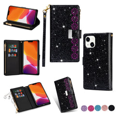 Multi-card Slots Laser Carving Glitter Zipper Leather Case, For iPhone 14, For iPhone 14 Max, For iPhone 14 Pro, For iPhone 14 Pro Max, For Samsung Galaxy Z Fold 4