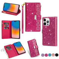 Multi-card Slots Laser Carving Glitter Zipper Leather Case, For iPhone 14, For iPhone 14 Max, For iPhone 14 Pro, For iPhone 14 Pro Max, For Samsung Galaxy Z Fold 4