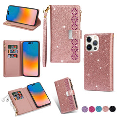 Multi-card Slots Laser Carving Glitter Zipper Leather Case, For iPhone 14, For iPhone 14 Max, For iPhone 14 Pro, For iPhone 14 Pro Max, For Samsung Galaxy Z Fold 4