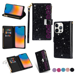 Multi-card Slots Laser Carving Glitter Zipper Leather Case, For iPhone 14, For iPhone 14 Max, For iPhone 14 Pro, For iPhone 14 Pro Max, For Samsung Galaxy Z Fold 4