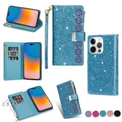 Multi-card Slots Laser Carving Glitter Zipper Leather Case, For iPhone 14, For iPhone 14 Max, For iPhone 14 Pro, For iPhone 14 Pro Max, For Samsung Galaxy Z Fold 4