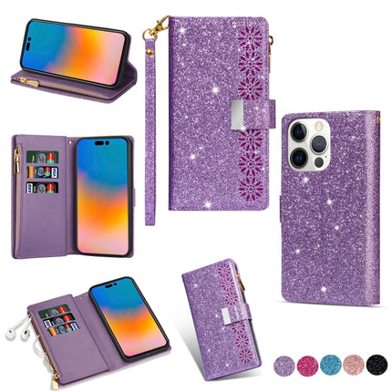 Multi-card Slots Laser Carving Glitter Zipper Leather Case, For iPhone 14, For iPhone 14 Max, For iPhone 14 Pro, For iPhone 14 Pro Max