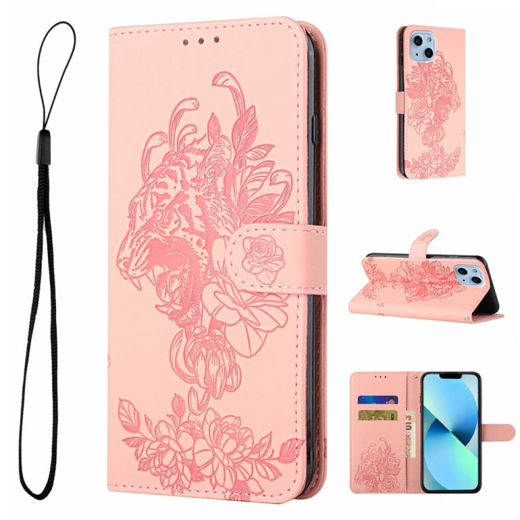 Tiger Flower Embossing Leather Phone Case, For iPhone 14, For iPhone 14 Plus, For iPhone 14 Pro, For iPhone 14 Pro Max