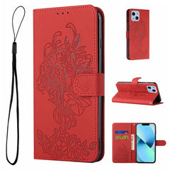 Tiger Flower Embossing Leather Phone Case, For iPhone 14, For iPhone 14 Plus, For iPhone 14 Pro, For iPhone 14 Pro Max