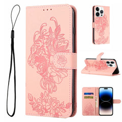 Tiger Flower Embossing Leather Phone Case, For iPhone 14, For iPhone 14 Plus, For iPhone 14 Pro, For iPhone 14 Pro Max