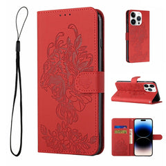 Tiger Flower Embossing Leather Phone Case, For iPhone 14, For iPhone 14 Plus, For iPhone 14 Pro, For iPhone 14 Pro Max