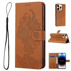 Tiger Flower Embossing Leather Phone Case, For iPhone 14, For iPhone 14 Plus, For iPhone 14 Pro, For iPhone 14 Pro Max