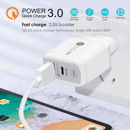 25W PD Type-C + QC3.0 USB Ports Travel Charger, US Plug, EU Plug