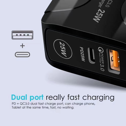 25W PD Type-C + QC3.0 USB Ports Travel Charger, US Plug, EU Plug