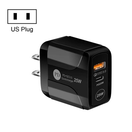 25W PD Type-C + QC3.0 USB Ports Travel Charger, US Plug, EU Plug