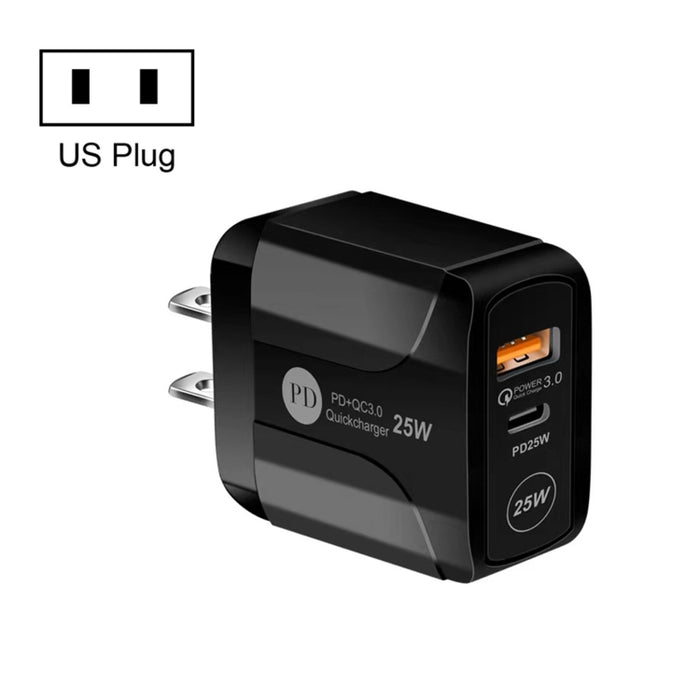 25W PD Type-C + QC3.0 USB Ports Travel Charger, US Plug, EU Plug