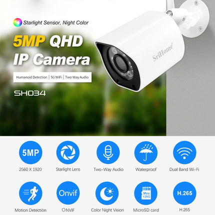 SriHome SH034 5.0MP Mini Dual 2.4 / 5G WiFi Outdoor Waterproof Video Surveillance Color Night Vision Security CCTV Cam, US Plug, UK Plug, AU Plug