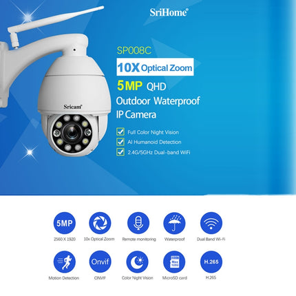 Sricam SP008C 5MP 10X Zoom IP66 Waterproof CCTV WiFi IP Camera Monitor, US Plug, EU Plug, UK Plug
