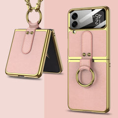 GKK Plating + Leather Phone Case with Ring & Strap, For Samsung Galaxy Z Flip4