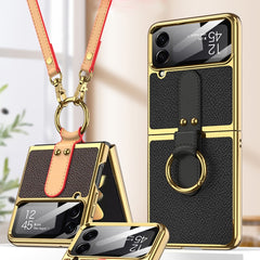 GKK Plating + Leather Phone Case with Ring & Strap, For Samsung Galaxy Z Flip4