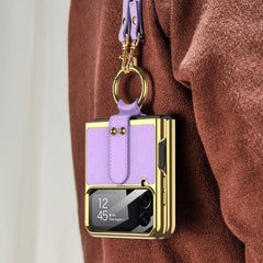 GKK Plating + Leather Phone Case with Ring & Strap, For Samsung Galaxy Z Flip4