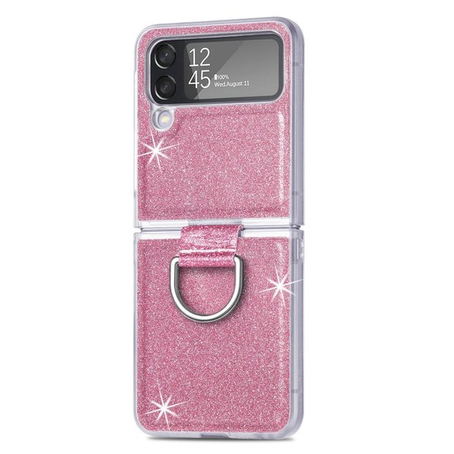 Glitter Leather Skin PC Phone Case with Ring, For Samsung Galaxy Z Flip4