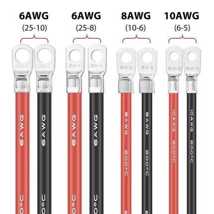 Car 50cm Red + Black Pure Copper Battery Inverter Cable, 10AWG 6-5, 8AWG 10-6, 6AWG 25-8, 6AWG 25-10