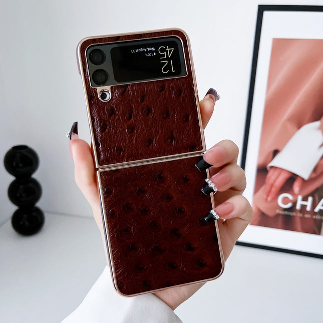 Genuine Leather Ostrich Texture Nano Electroplating Phone Case, For Samsung Galaxy Z Flip4 5G, For Samsung Galaxy Z Flip3 5G