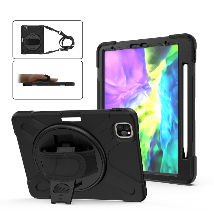 For iPad Pro 12.9 (2020) 360 Degree Rotation Silicone Protective Cover with Holder & Hand Strap & Long Strap & Pencil Slot