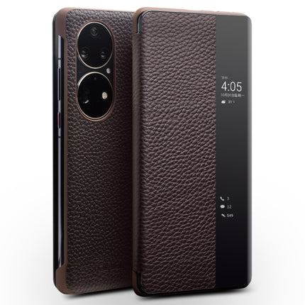 QIALINO Genuine Leather Side Window View Smart Phone Case, For Huawei Mate 50 Pro, For Huawei Mate 50, For Huawei P30, For Huawei P50, For Huawei P50 Pro