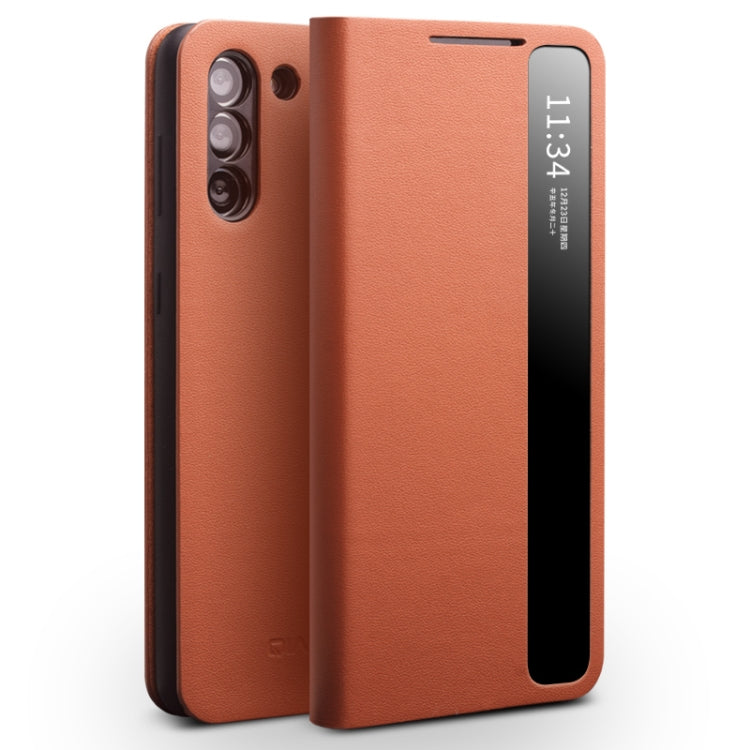 QIALINO Genuine Leather Side Window View Smart Phone Case, For Samsung Galaxy Note20 Ultra, For Samsung Galaxy S21 5G, For Samsung Galaxy S21+ 5G