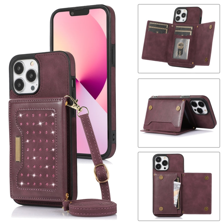 Three-fold RFID Leather Phone Case with Lanyard, For iPhone 13 Pro Max, For iPhone 14, For iPhone 14 Plus, For iPhone 14 Pro
