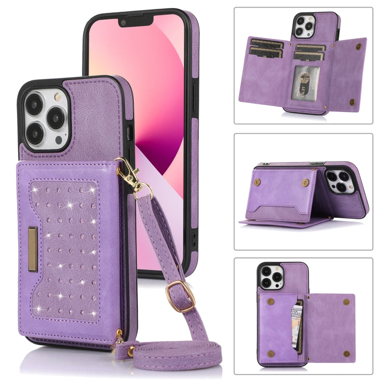 Three-fold RFID Leather Phone Case with Lanyard, For iPhone 13 Pro Max, For iPhone 14, For iPhone 14 Plus, For iPhone 14 Pro