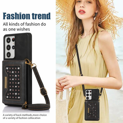 Three-fold RFID Leather Phone Case with Lanyard, For Samsung Galaxy S21 Ultra, For Samsung Galaxy S22+, For Samsung Galaxy S21+, For Samsung Galaxy S21 FE