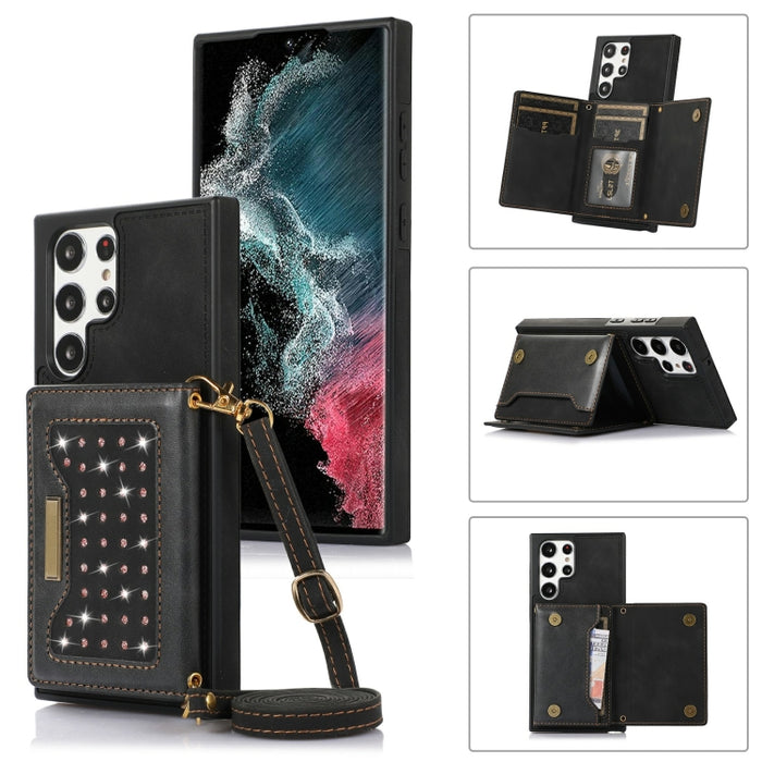 Three-fold RFID Leather Phone Case with Lanyard, For Samsung Galaxy S22 Ultra, For iPhone 12 Pro