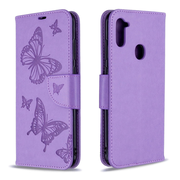 Two Butterflies Embossing Pattern Horizontal Flip Leather Case with Holder & Card Slot & Wallet & Lanyard, For Galaxy A11