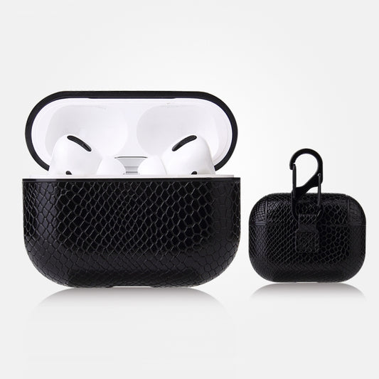 Funda protectora de piel sintética con textura de piel de serpiente anticaídas con mosquetón para AirPods Pro, AirPods 1 y 2