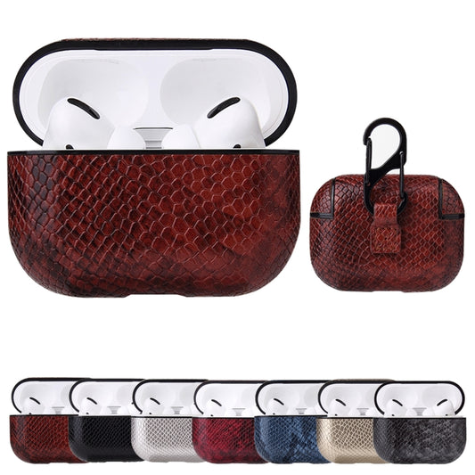 Anti-fall Snakeskin Texture PU Leather Protective Case with Carabiner, For AirPods Pro, For AirPods 1 & 2