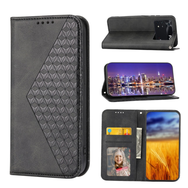 Cubic Grid Calf Texture Magnetic Closure Leather Phone Case, For Xiaomi Poco M4 Pro 4G Global, For Xiaomi Poco X4 Pro 5G Global