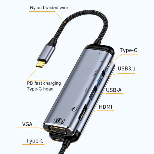 Y002 6 in 1 Type-C to VGA+HDMI+Dual USB+Dual USB-C/Type-C Interface Multi-function Adapter, Y002